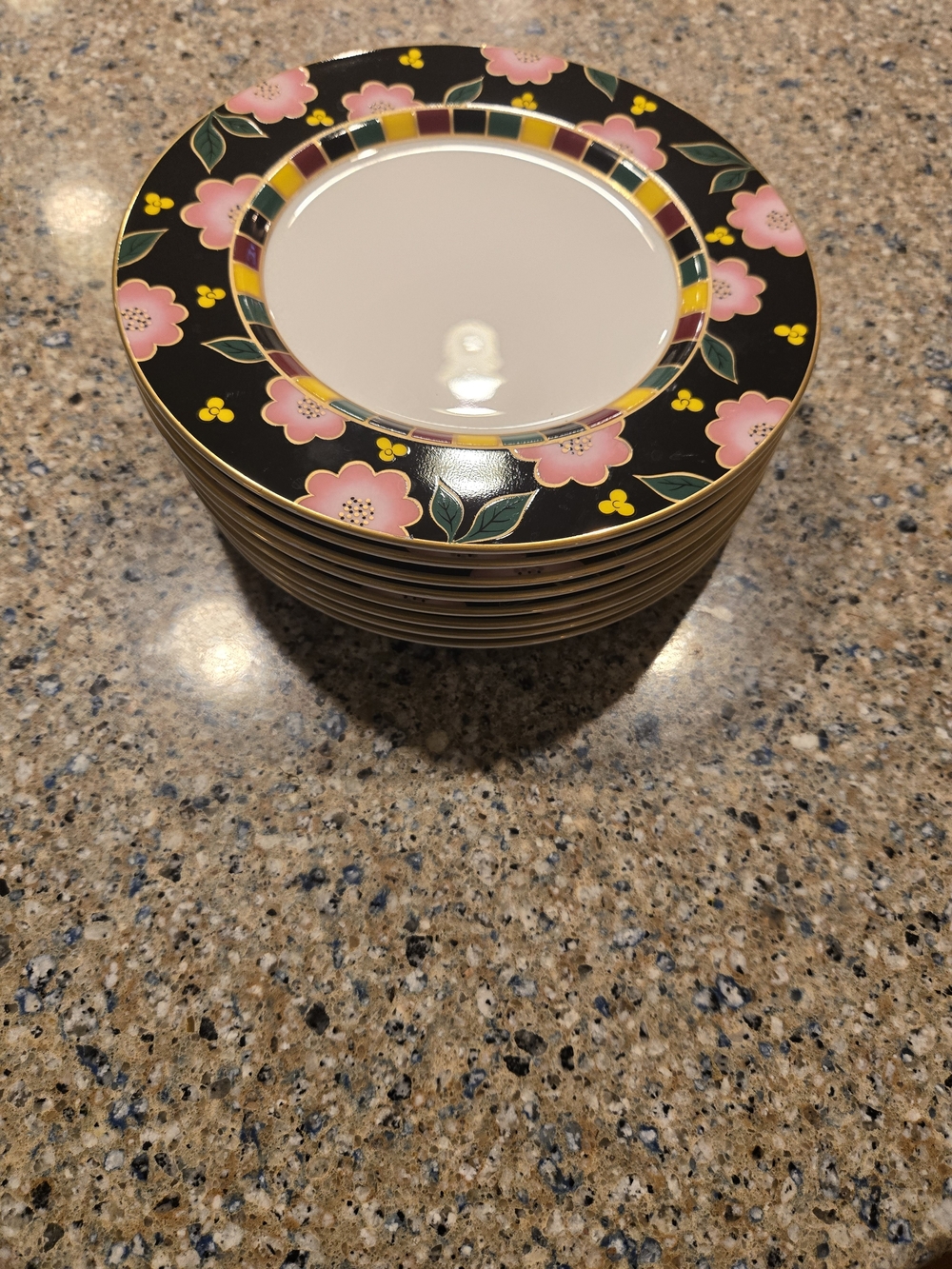 Mikasa Black Rim Pink Floral with Gold Accents Salad Or Desserr Plates, Set Of 8